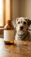 Small mixed breed dog with amber bottle of pet medicine or supplement on wooden table in warm sunlit room for veterinary care and animal health.