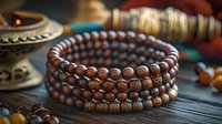 Elegant wooden bead bracelet with bronze ornamental details on rustic dark background, spiritual meditation jewelry in warm earthy tones and natural materials.