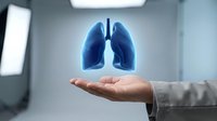 Medical professional displaying holographic lungs in modern healthcare facility for respiratory system education and pulmonology consultation.