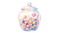 Colorful candy jar filled with pastel sweets and lollipops, isolated on white background. Perfect for confectionery, bakery, candy shop designs, packaging, and children's illustrations.