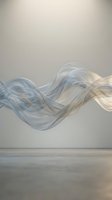 Flowing translucent fabric waves floating in minimalist interior space with neutral beige walls and polished floor for contemporary design concepts.