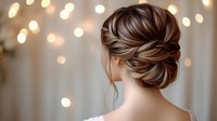 Elegant braided updo hairstyle with loose strands shown from behind against soft bokeh lights background. Romantic wedding or special occasion hair styling.