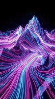 Neon glowing mountain landscape with flowing magenta, cyan, and purple light streams creating abstract terrain against dark background for digital art projects.