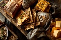 Assortment of artisanal bread loaves and crackers on rustic wooden board with cheese cubes and herbs, perfect for gourmet appetizer platter.