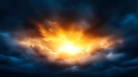 Dramatic sunset breakthrough in dark stormy clouds with golden sunburst and moody atmosphere creates powerful natural lighting effect in evening sky.