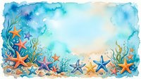 Watercolor ocean frame with starfish, seashells and coral creating underwater border on white background for marine themed designs and summer projects.
