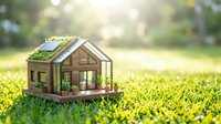 Miniature wooden eco house model with green roof and solar panels on grass field with sunlight for sustainable living concept.