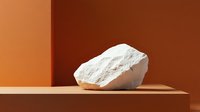 White chalk mineral specimen on brown geometric background with harsh shadows, minimalist composition for geology, science or decorative design purposes.