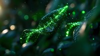 Glowing green leaf with magical sparkles and bokeh effect in dark forest environment creates mystical natural atmosphere for fantasy designs.