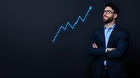 Young Hispanic businessman in suit and glasses standing confidently with crossed arms next to growing blue chart arrow on dark background, symbolizing success and growth.