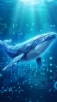 Digital whale swimming in futuristic underwater environment with glowing circuit patterns and technological elements for modern marine concept designs.