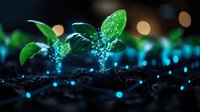 Green plant sprouts emerging from soil with glowing blue light trails and magical sparkles against dark background, creating ethereal nature scene for environmental concepts.