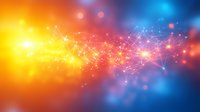 Glowing network connections on vibrant orange and blue gradient background with bokeh light effects and shimmering particles forming abstract technology pattern.