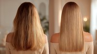 Before and after hair treatment comparison showing transformation from frizzy, damaged blonde hair to smooth, straight, glossy locks for beauty salon advertising.