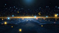 Futuristic digital landscape with glowing grid horizon and floating light particles against dark background, creating technological network visualization.