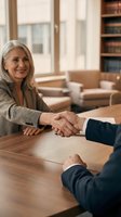 Mature businesswoman shaking hands with client in law office meeting room. Professional consultation and agreement concept for legal services.