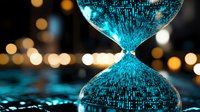 Glowing blue hourglass with digital pattern against blurred bokeh background shows time flowing in modern technological concept. Sand timer symbolizes urgency and deadlines.