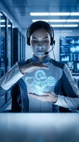 Professional female customer service representative with headset displaying holographic support icons in modern office environment for business communications.