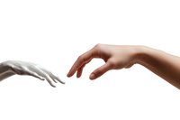 Two reaching hands in contrasting colors, one white and one flesh-toned, extending toward each other against pure white background, symbolizing unity, connection and diversity.