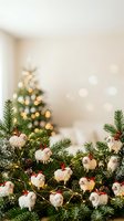 Festive evergreen garland decorated with white wool sheep ornaments and red berries, blurred holiday tree with warm golden lights in background for seasonal celebrations.
