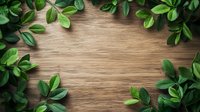 Fresh green leaves creating natural frame border on wooden background, copy space in center for text or design elements on rustic oak surface.