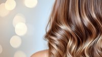 Luxurious wavy brown hair with blonde balayage highlights on soft bokeh background. Close up of healthy, shiny long hairstyle showing professional salon styling.