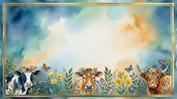 Watercolor farm animals including cow, goat, and sheep surrounded by wildflowers and botanical elements with golden frame border, suitable for nursery decor, children's book illustration, and farmhouse design projects.