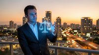 Professional businessman holding glowing digital justice scales hologram against urban skyline at sunset for legal technology and law firm concepts.