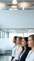 Modern office setting with four diverse professional women standing in profile against glass partition walls and bright overhead lighting, representing teamwork, corporate diversity, and business collaboration.