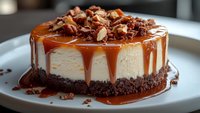 Creamy cheesecake topped with caramel sauce dripping down sides, chocolate cookie crust, and crushed nuts garnish on white plate, close up view of dessert.
