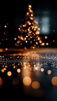 Blurred Christmas tree with warm golden bokeh lights creating magical holiday atmosphere on dark background with sparkling reflective surface below.