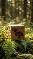 Wooden cube with solar panel icon surrounded by green ferns in sunlit forest representing renewable energy and environmental sustainability concepts.