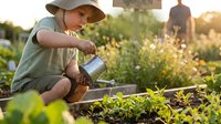 Young boy wearing hat watering seedlings in vegetable garden with watering can, adult supervising in background during golden hour.