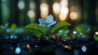 Young green sprout with blue flower growing from soil against blurred forest bokeh background with morning dew drops and golden sunlight.
