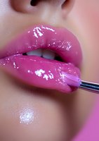 Close-up of glossy pink lips with lip gloss application brush showing makeup application process, highlighting shine and texture for beauty and cosmetic marketing.