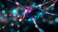 Glowing neuron cell with electric synapses and colorful light effects on dark background for medical research, neuroscience education and brain study concepts.