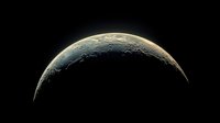 Dramatic crescent moon phase against black sky showing detailed lunar surface with craters and shadows in ethereal golden light. Suitable for astronomy projects.