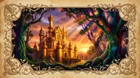 Fantasy castle at sunset framed by ornate border with twisted trees and magical atmosphere for fairy tale storytelling and enchanted kingdom themes.