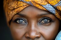 Close up portrait of African woman wearing traditional yellow and blue headwrap, focusing on expressive bright blue eyes and natural beauty against dark background.