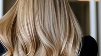 Luxurious blonde wavy hair with natural balayage highlights shown from behind, demonstrating professional hair coloring technique and healthy, shiny hair texture.