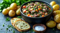 Hearty beef stew with tender meat, carrots, potatoes in dark bowl served with crusty bread, fresh herbs and sea salt. Rustic comfort food styling.