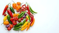 Assorted fresh chili peppers and bell peppers in red, yellow, orange, and green varieties arranged on white background for culinary and food design projects.