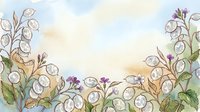 Watercolor illustration of delicate honesty plants with translucent seed pods and purple flowers arranged in a natural border frame, suitable for greeting cards and botanical designs.