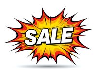 Comic book style explosion burst with sale text in bold letters for promotional marketing and advertising campaigns.