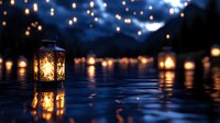 Glowing lantern floating on water surface at dusk with bokeh lights creating magical atmosphere. Romantic evening scene with reflections and warm illumination.