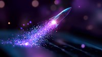 Glowing rocket soaring through space with magical trail of pink and purple sparkles against dark background, creating dynamic motion effect and cosmic atmosphere.