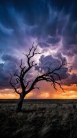 Bare dead tree silhouetted against dramatic stormy sky with orange and purple sunset clouds over barren grassland field, suitable for environmental and climate change concepts.
