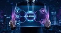 Businessman holding holographic interface displaying up-selling strategy with connected icons for revenue growth and customer engagement optimization.