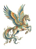 Ornate winged horse with decorative blue, gold, and orange patterns, isolated on transparent background. Ready for t-shirts, clipart, stickers, sublimation, and print-on-demand designs.