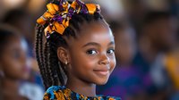 Young African girl with braided hair wearing colorful traditional headwrap and clothing, smiling warmly with bright eyes in cultural celebration setting.